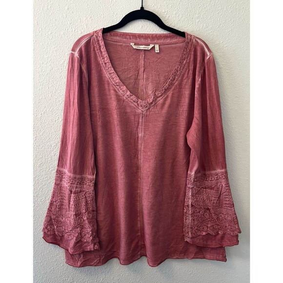 Soft Surroundings Women's Top Size L Dusty Pink V Neck Bell Cuff Mineral Wash - Picture 1 of 13